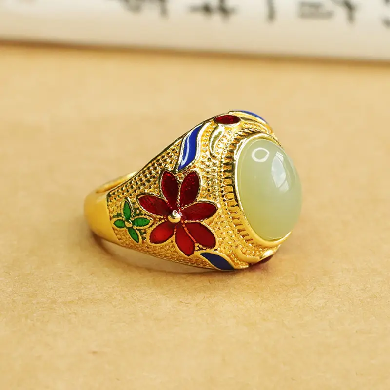 Aiyu Jade Ring Clear Water Gold Embroidered Floral Design — feature 5