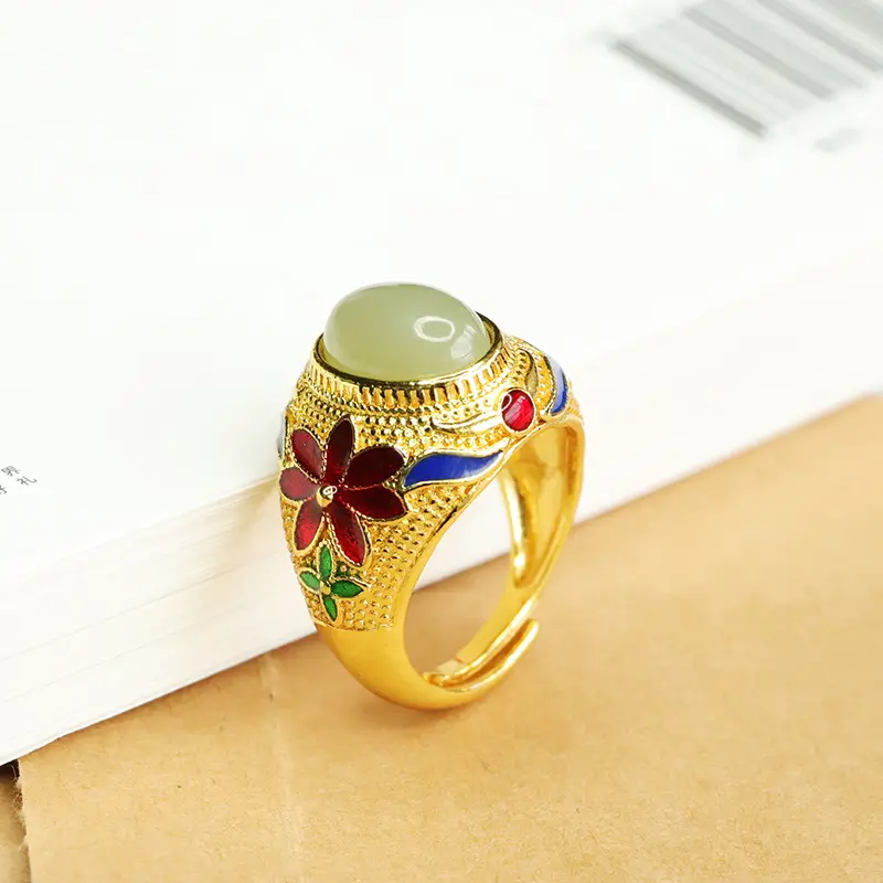 Aiyu Jade Ring Clear Water Gold Embroidered Floral Design — feature 9