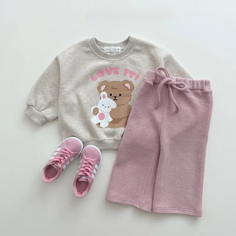Girls Cotton Bear Print Sweatshirt Set Pink - Image 3