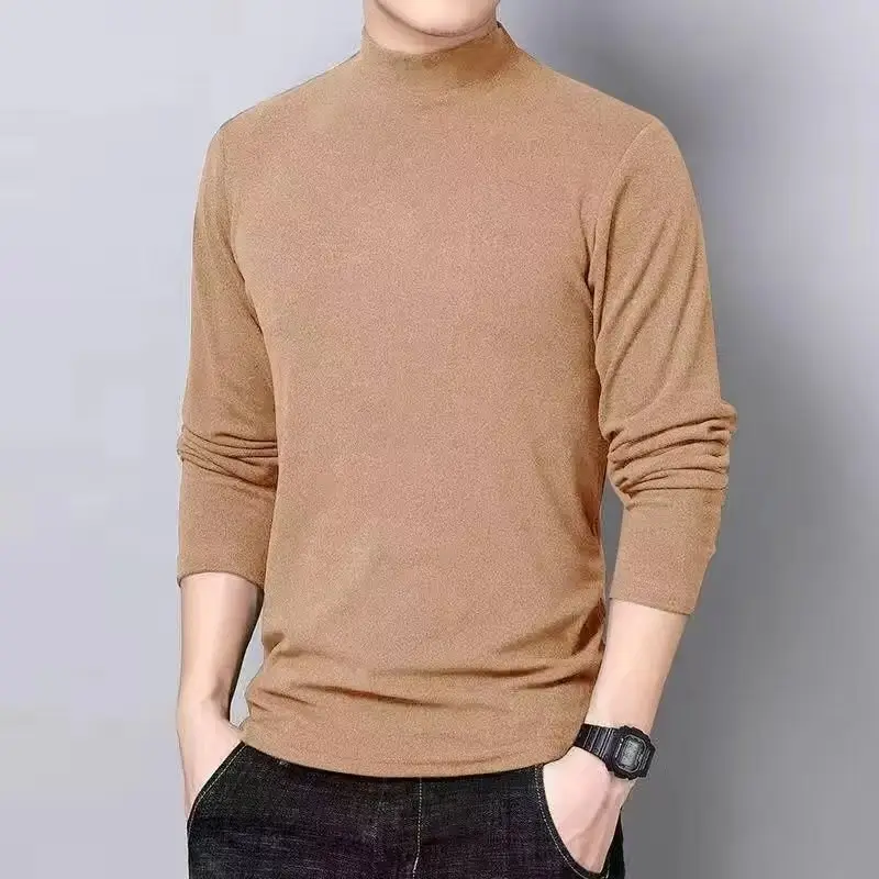 Men's Fleece Half-Collar Long Sleeve T-Shirt Brown Slim Fit - Image 46