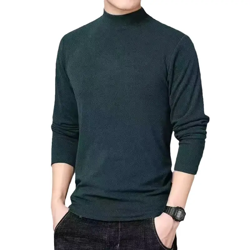 Men's Fleece Half-Collar Long Sleeve T-Shirt Brown Slim Fit - Image 47