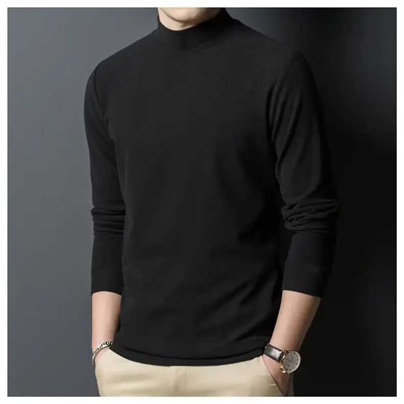 Men's Fleece Half-Collar Long Sleeve T-Shirt Brown Slim Fit — feature 11