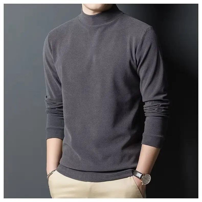 Men's Fleece Half-Collar Long Sleeve T-Shirt Brown Slim Fit — feature 14