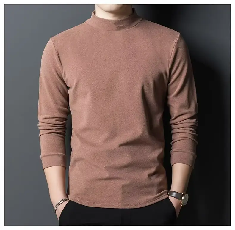 Men's Fleece Half-Collar Long Sleeve T-Shirt Brown Slim Fit — feature 15