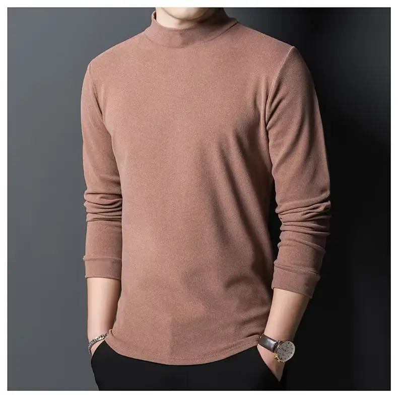 Men's Fleece Half-Collar Long Sleeve T-Shirt Brown Slim Fit — feature 17