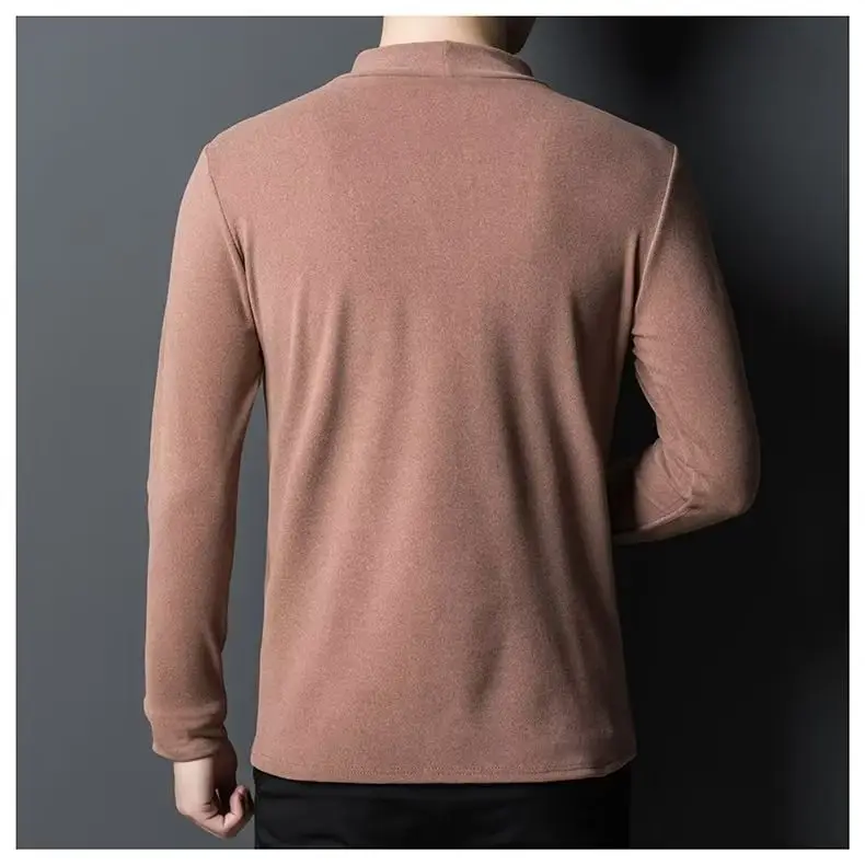 Men's Fleece Half-Collar Long Sleeve T-Shirt Brown Slim Fit — feature 18