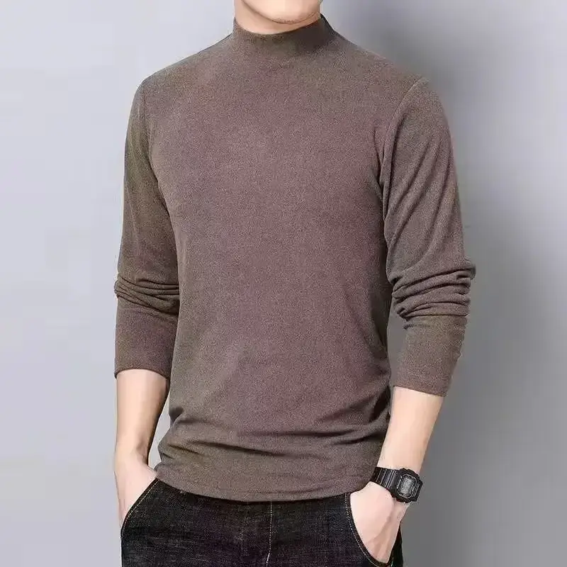 Men's Fleece Half-Collar Long Sleeve T-Shirt Brown Slim Fit - Image 22