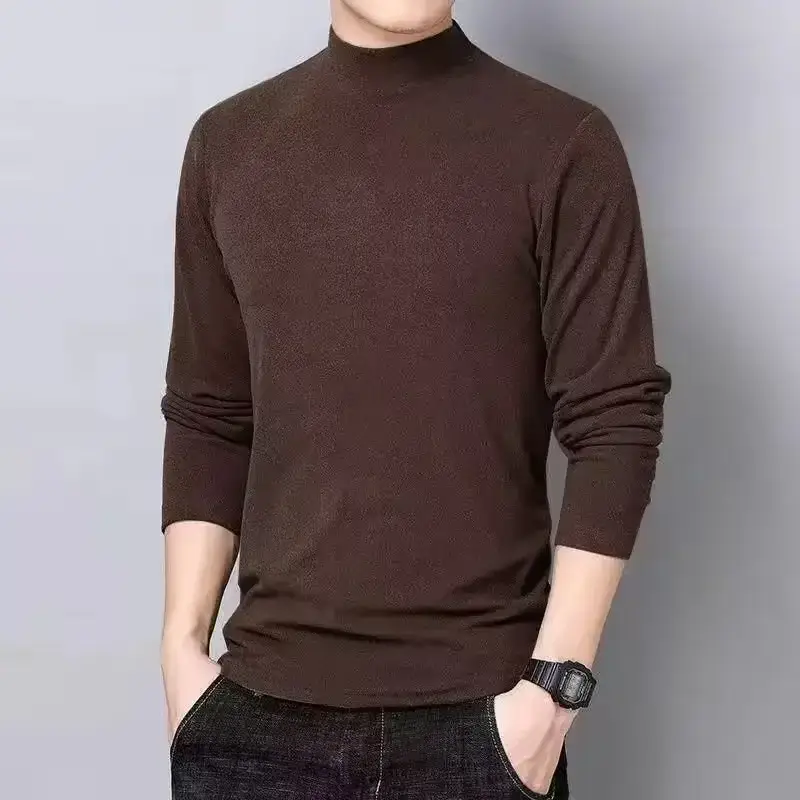 Men's Fleece Half-Collar Long Sleeve T-Shirt Brown Slim Fit - Image 40