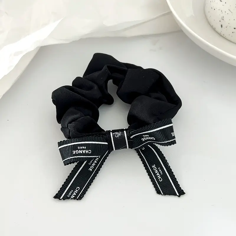 Black Vintage Letter Bow Hair Rope with Chanel Style Band
