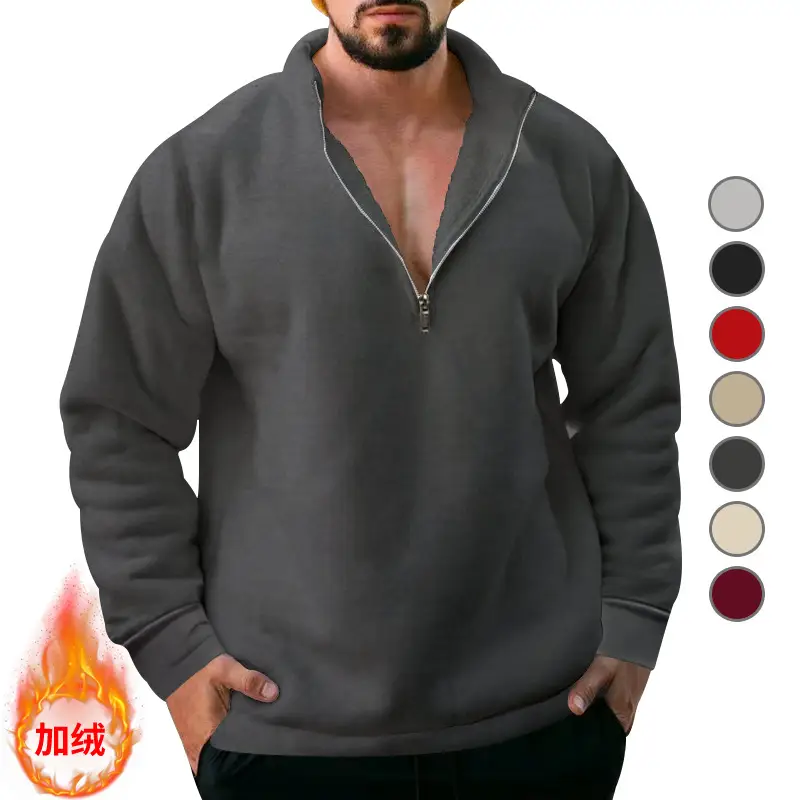 Men Fleece Warm Collar Sweatshirt Maroon Full Zip - Image 11