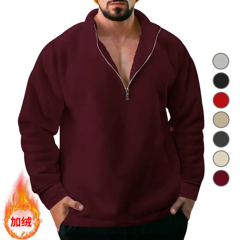 Men Fleece Warm Collar Sweatshirt Maroon Full Zip - Image 13