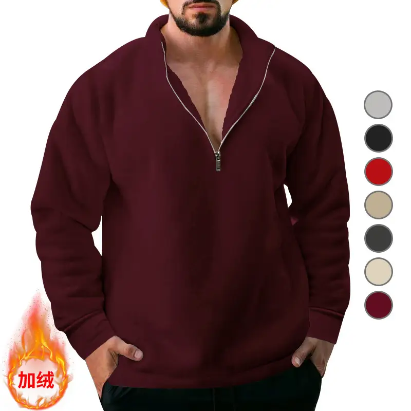 Men Fleece Warm Collar Sweatshirt Maroon Full Zip — feature 13