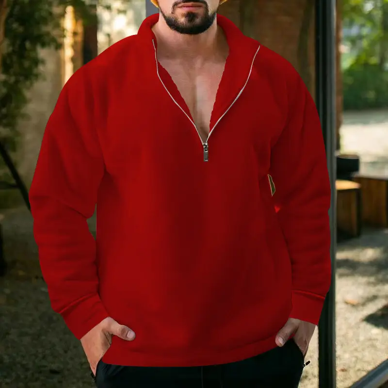 Men Fleece Warm Collar Sweatshirt Maroon Full Zip — feature 29