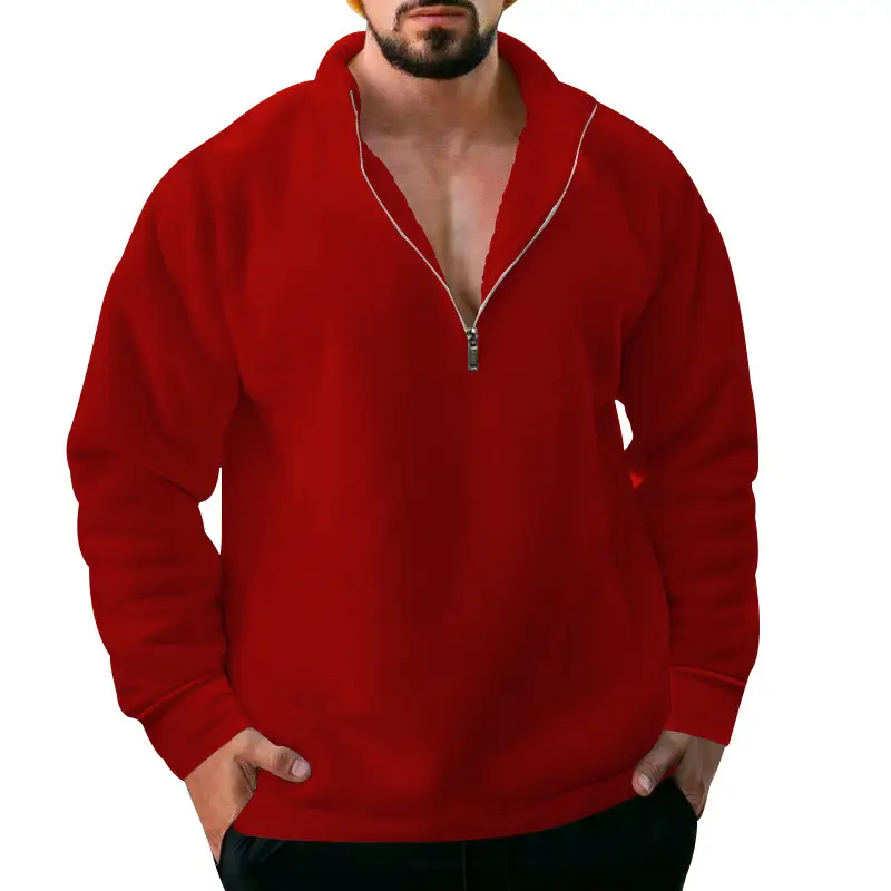 Men Fleece Warm Collar Sweatshirt Maroon Full Zip — feature 30