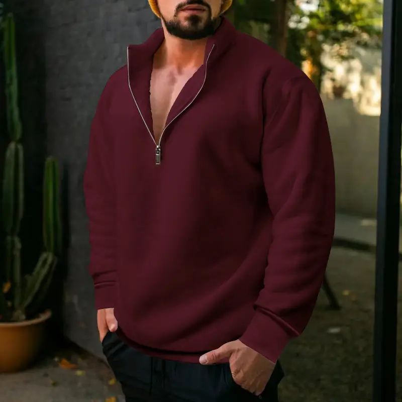 Men Fleece Warm Collar Sweatshirt Maroon Full Zip — feature 33