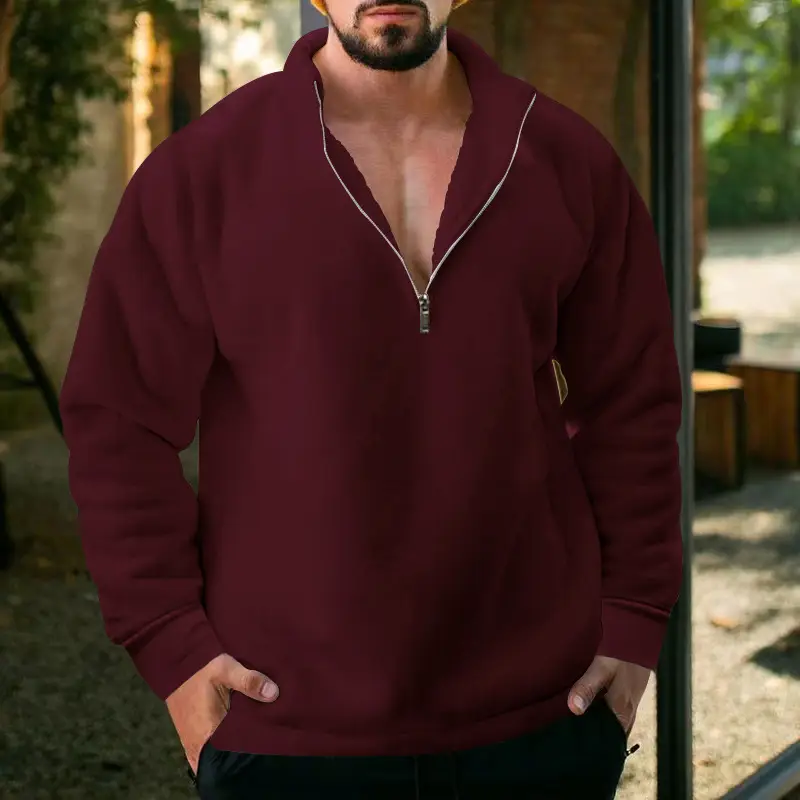 Men Fleece Warm Collar Sweatshirt Maroon Full Zip — feature 34