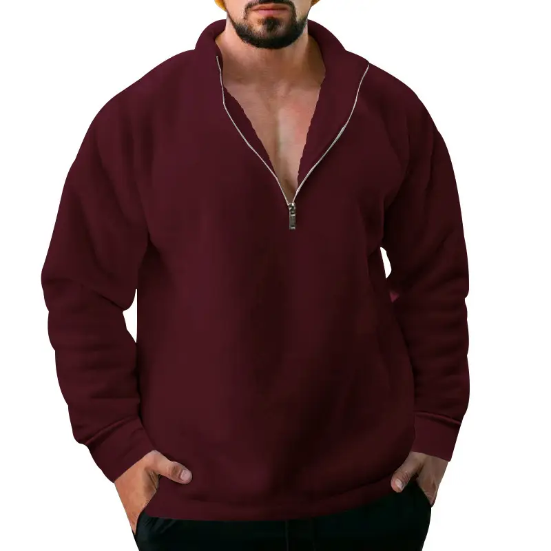 Men Fleece Warm Collar Sweatshirt Maroon Full Zip — feature 35