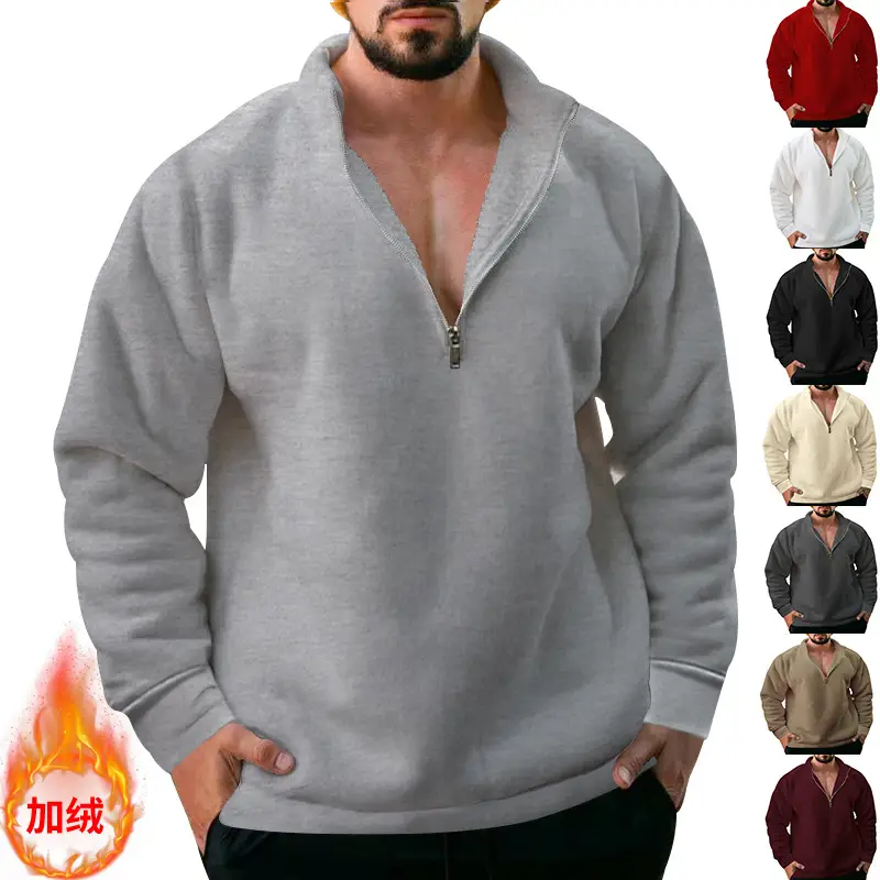 Men Fleece Warm Collar Sweatshirt Maroon Full Zip — feature 8