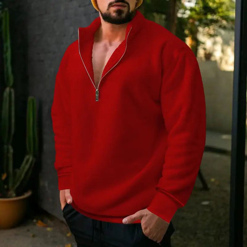 Men Fleece Warm Collar Sweatshirt Maroon Full Zip - Image 3