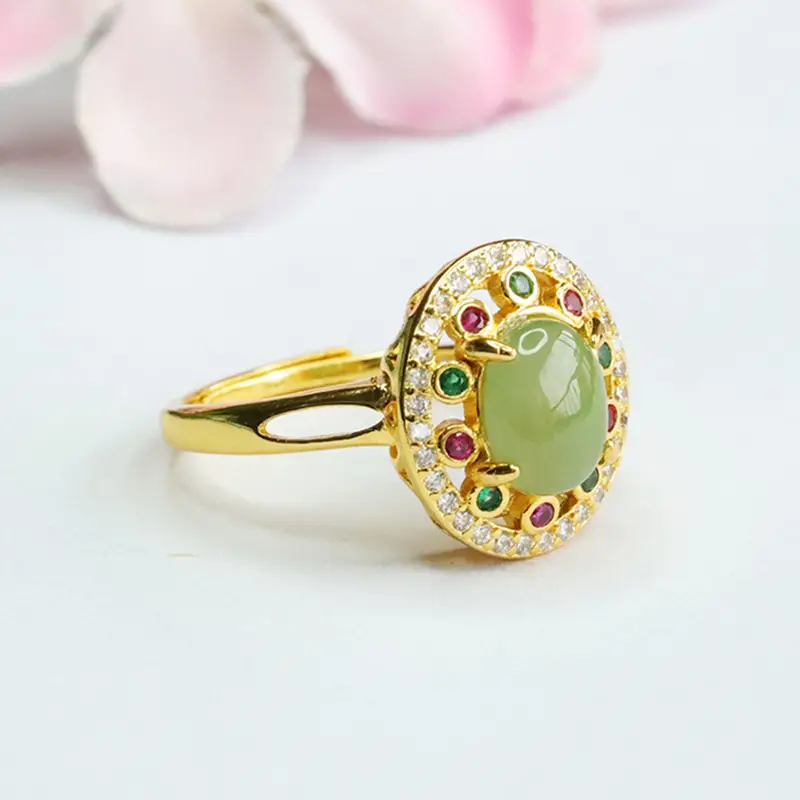 Guan Yu Jade Ring with Emerald Center & Crystal Border