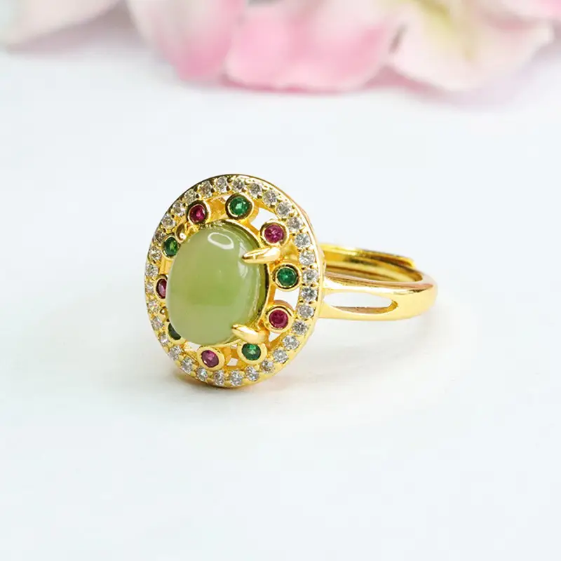 Guan Yu Jade Ring with Emerald Center & Crystal Border