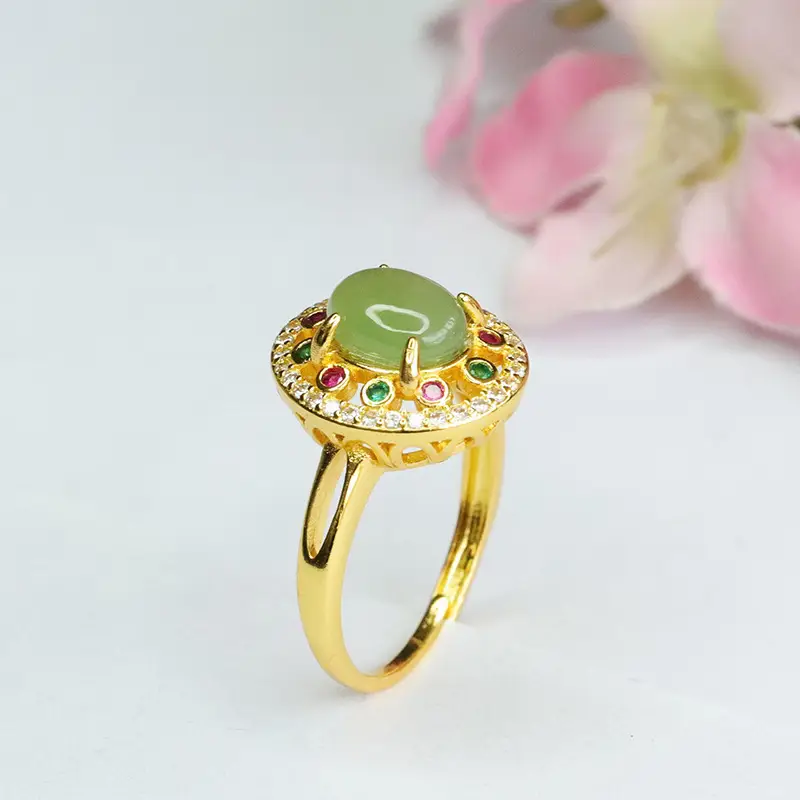 Guan Yu Jade Ring with Emerald Center & Crystal Border