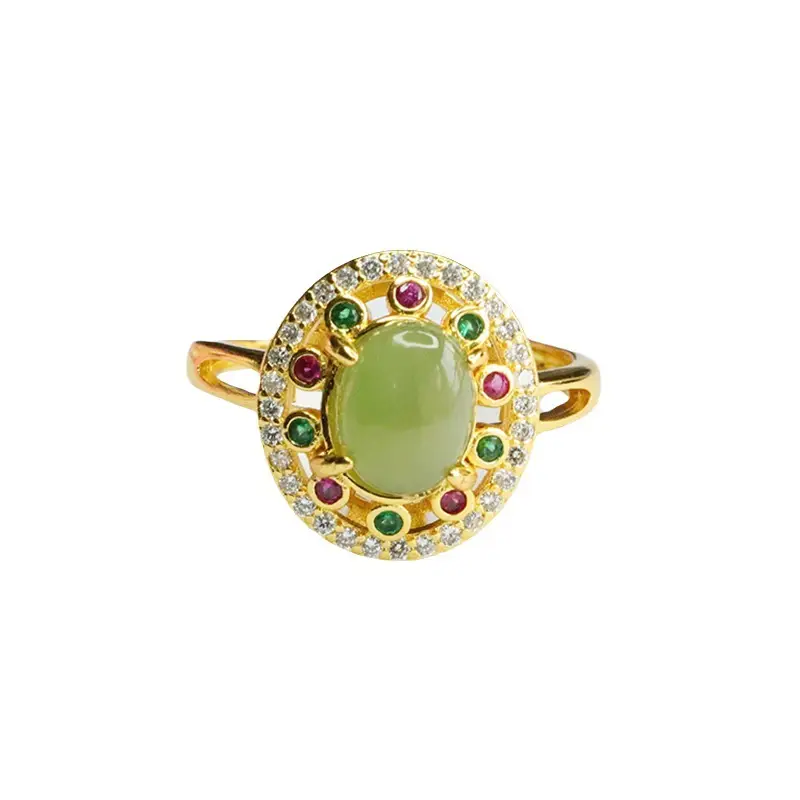 Guan Yu Jade Ring with Emerald Center & Crystal Border