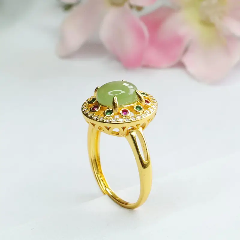 Guan Yu Jade Ring with Emerald Center & Crystal Border — feature 11