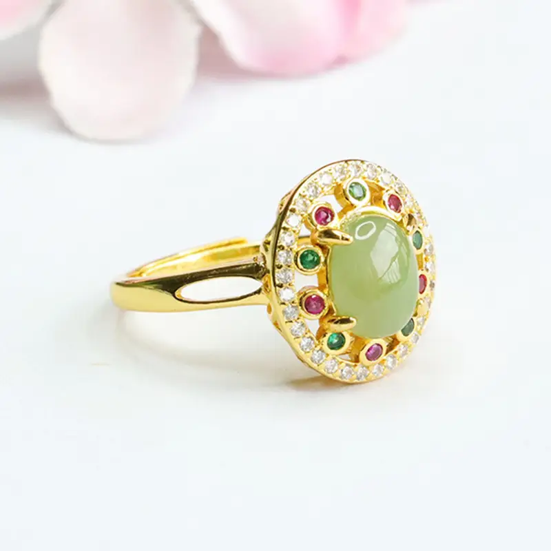 Guan Yu Jade Ring with Emerald Center & Crystal Border — feature 5