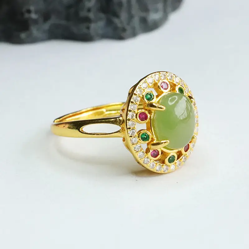 Guan Yu Jade Ring with Emerald Center & Crystal Border — feature 8