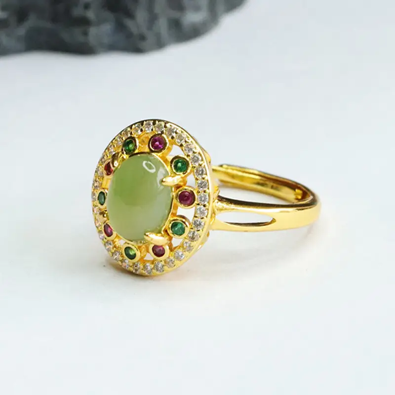 Guan Yu Jade Ring with Emerald Center & Crystal Border — feature 9