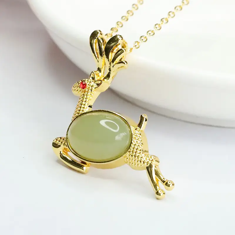 Guan Yu Jade Pendant with Little Deer Design Gold Necklace - Image 3