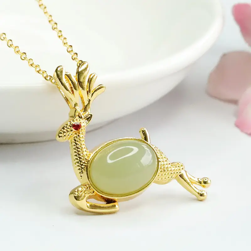 Guan Yu Jade Pendant with Little Deer Design Gold Necklace - Image 4