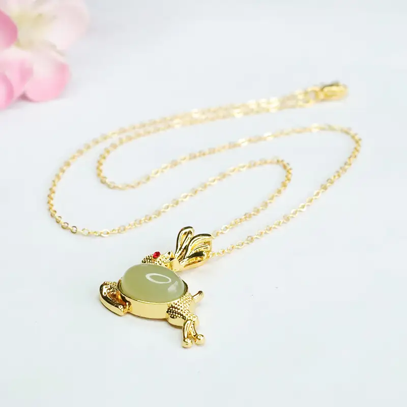 Guan Yu Jade Pendant with Little Deer Design Gold Necklace - Image 5