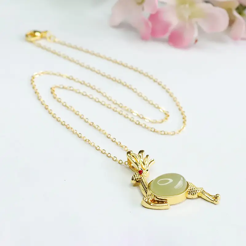 Guan Yu Jade Pendant with Little Deer Design Gold Necklace — feature 9