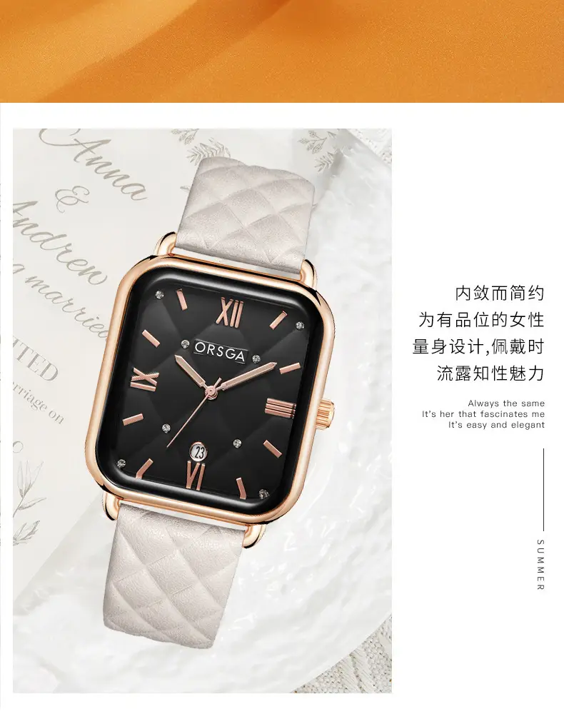 ORSGA Women's Quartz Watch White Leather Band Rose Gold — feature 12