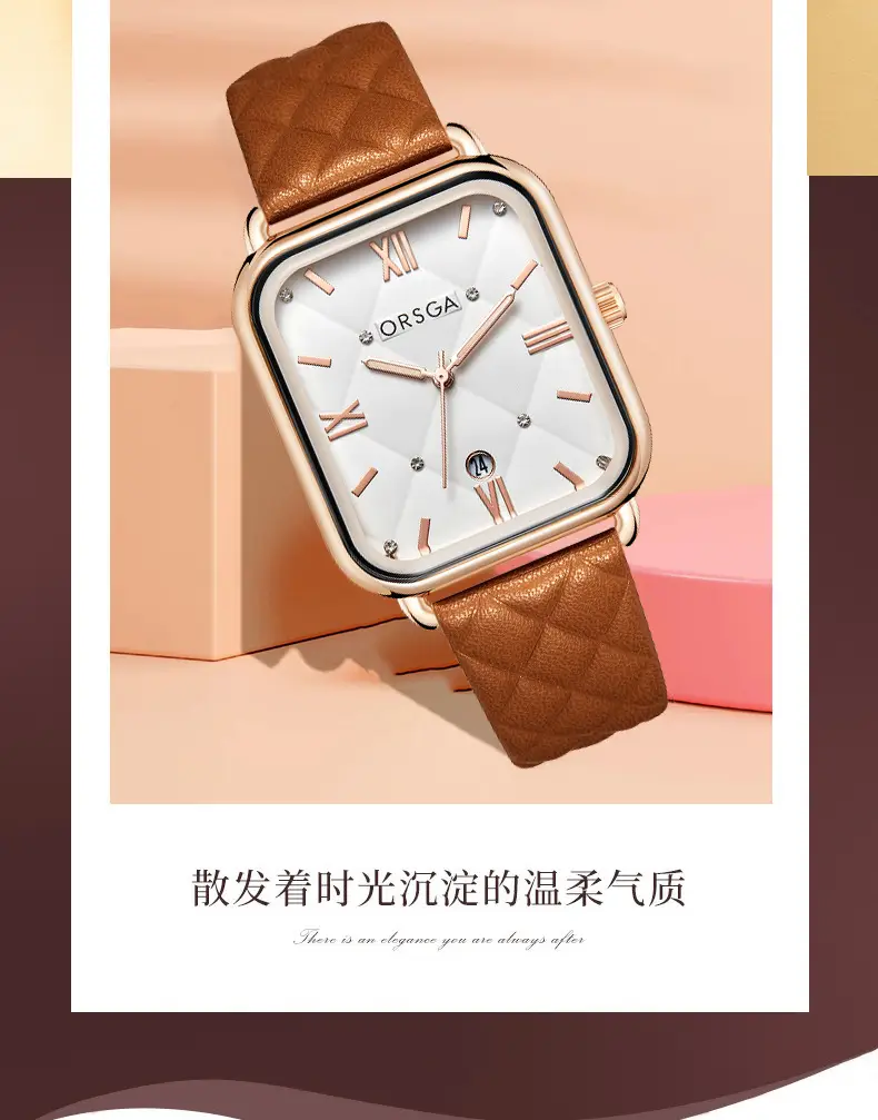ORSGA Women's Quartz Watch White Leather Band Rose Gold — feature 6