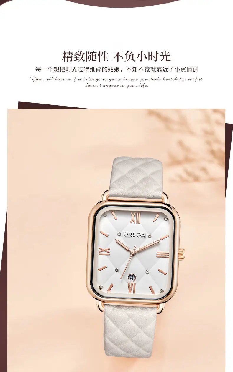 ORSGA Women's Quartz Watch White Leather Band Rose Gold — feature 7