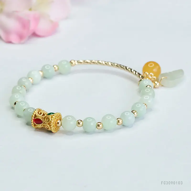 Jade Leaf Half Bangle Bracelet Green Gold - Image 3