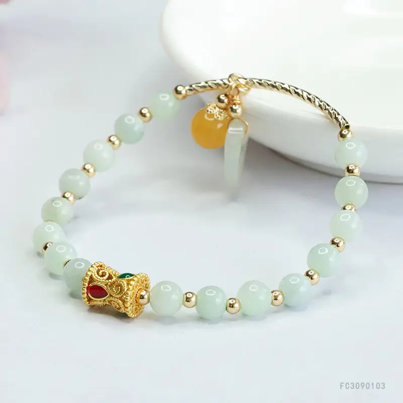 Jade Leaf Half Bangle Bracelet Green Gold - Image 5