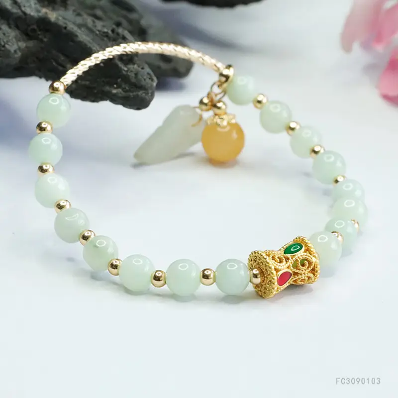Jade Leaf Half Bangle Bracelet Green Gold — feature 10
