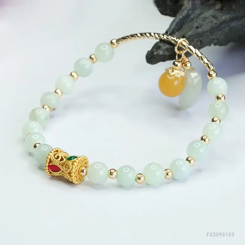 Jade Leaf Half Bangle Bracelet Green Gold — feature 11