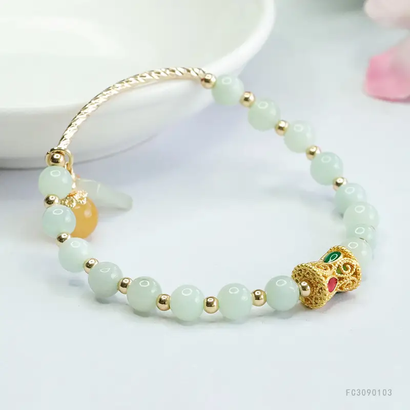 Jade Leaf Half Bangle Bracelet Green Gold — feature 9