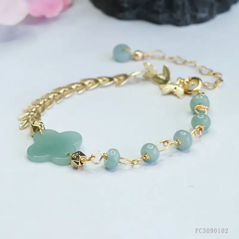 Guan Yu Jade Blue Water Four Leaf Clover Bracelet for Women