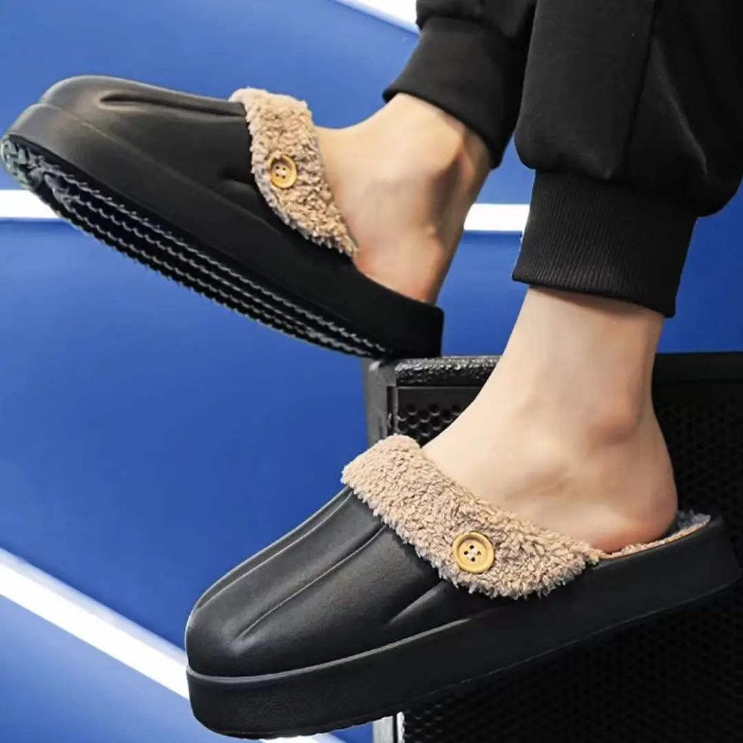 Waterproof Cotton Slippers for Women, Autumn and Winter 2023, Non-Slip, Warm, Plush, Closed-Back, Home Couple Slippers for Men, Thickened and Warm