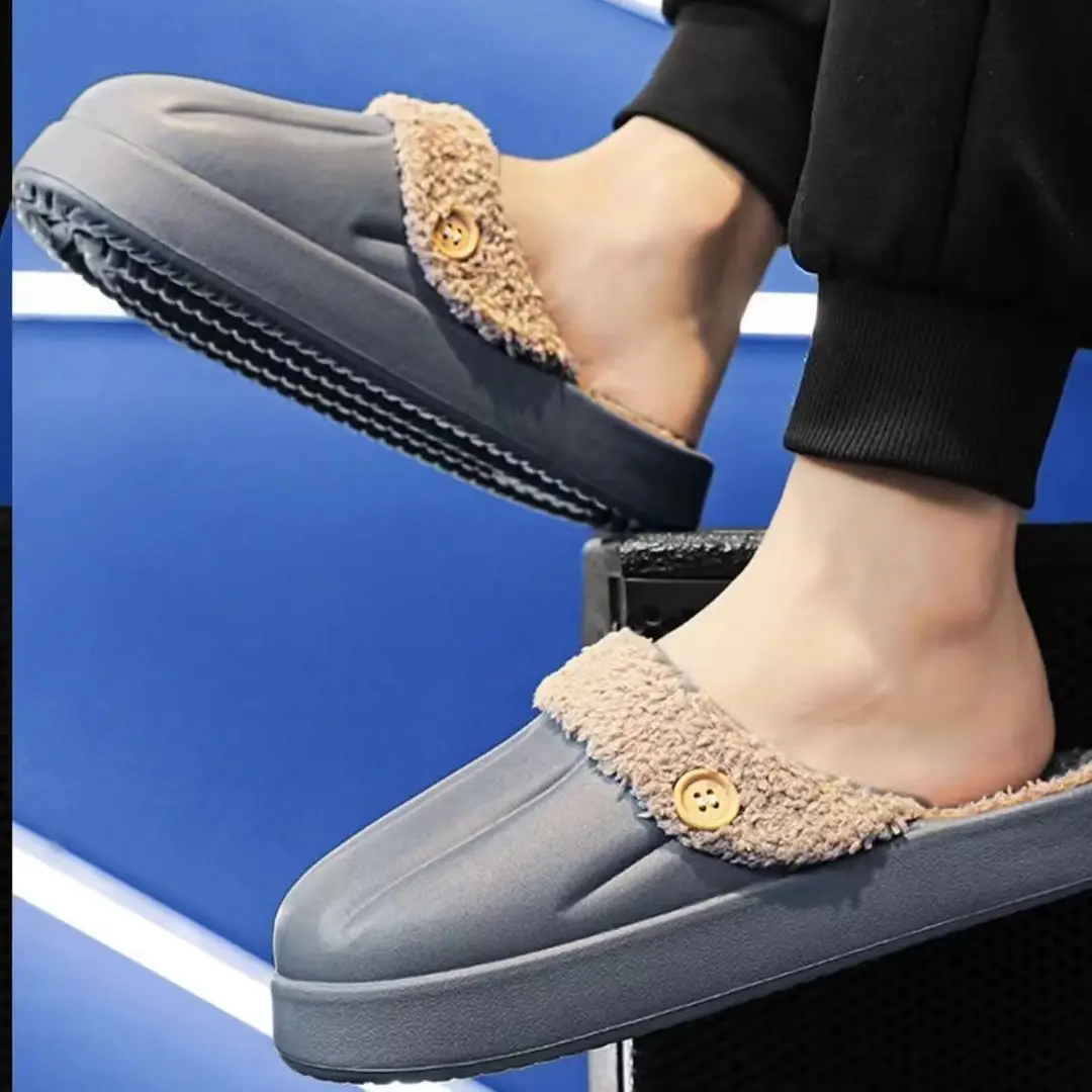 Waterproof Cotton Slippers for Women, Autumn and Winter 2023, Non-Slip, Warm, Plush, Closed-Back, Home Couple Slippers for Men, Thickened and Warm