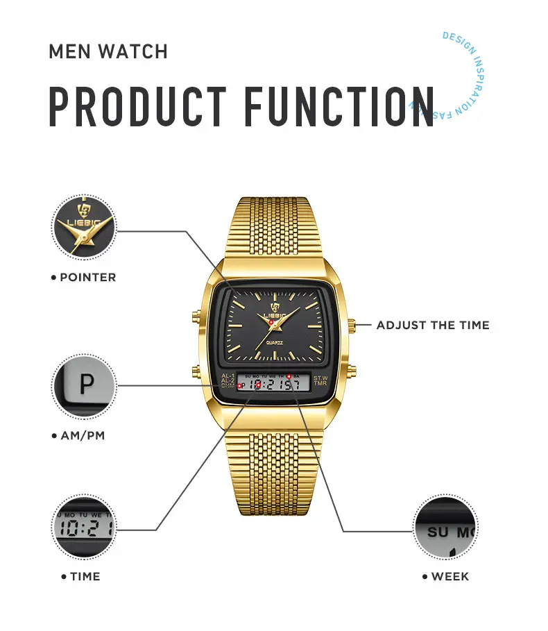 Men's Gold Digital Watch with Dual Display & Quartz Movement — feature 17