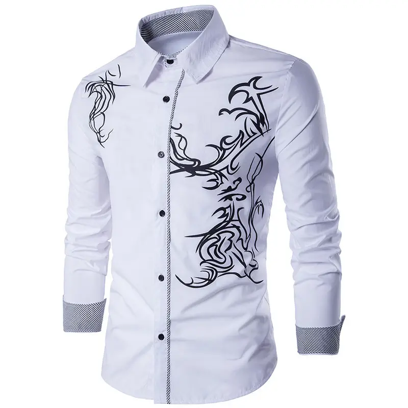 3D Printed Long Sleeve Shirt for Men White Slim Fit