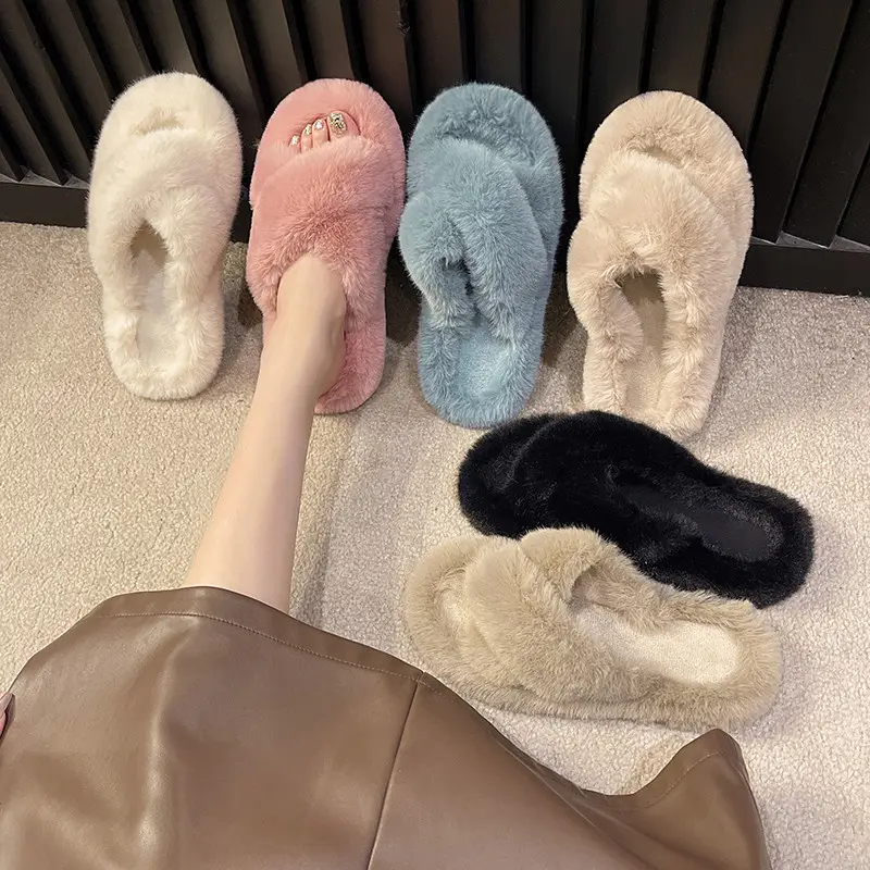 High-rise thick-soled fluffy slippers for women's outdoor wear cute non-slip muffin soft-soled high-grade lazy people's home cross-wool slippers - Image 5