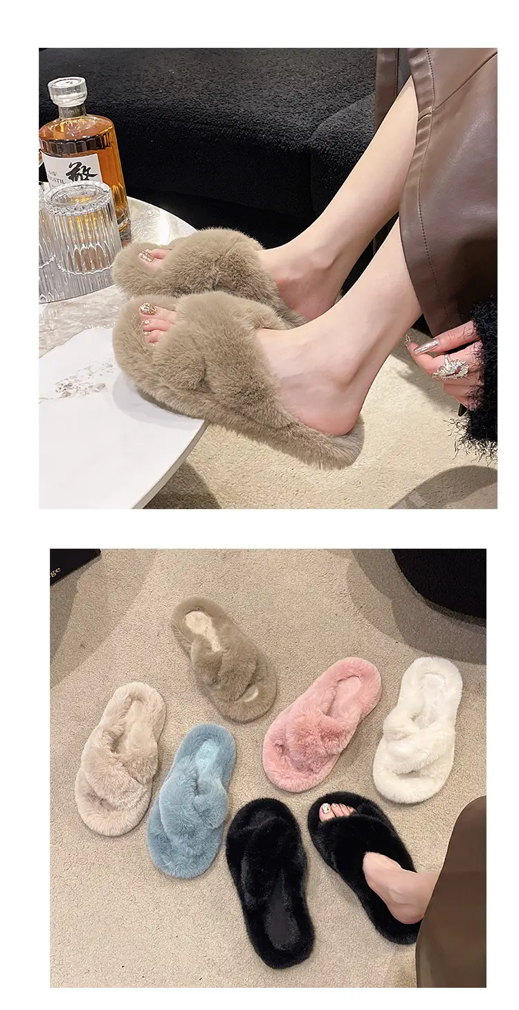High-rise thick-soled fluffy slippers for women's outdoor wear cute non-slip muffin soft-soled high-grade lazy people's home cross-wool slippers — feature 10